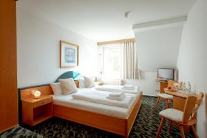 a bedroom with a bed and a desk and a television at Stiefelburg Der Berghof in Nauendorf