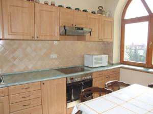 a kitchen with wooden cabinets and a microwave at Art Guesthouse in Budapest