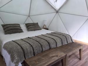 1 dormitorio con cama y mesa de madera en Termas de Aguas Calientes, en Puyehue