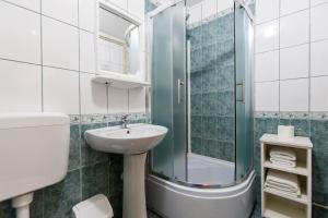 y baño blanco con lavabo y ducha. en Domeniul Dracula Daneș, en Daneş