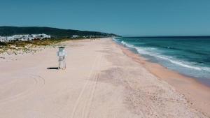 a beach with a chair on the sand and the ocean at Hotel Avenida Playa in Zahara de los Atunes