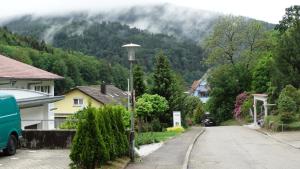 a street in a village with a mountain at Alb-Rosa in Bad Herrenalb