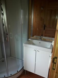 a bathroom with a white sink and a shower at Sabiñanigo Camp & Hotel in Sabiñánigo