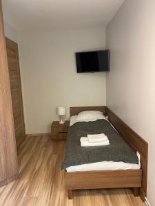 Schlafzimmer mit einem Bett und einem Flachbild-TV an der Wand in der Unterkunft Apartament CamInSki in Kudowa-Zdrój