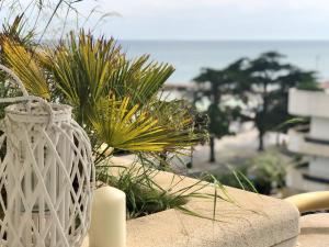 a white vase sitting on a ledge with plants at Mediterraneo Sitges in Sitges