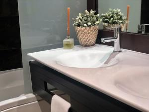 a bathroom with a sink with two plants on it at Mediterraneo Sitges in Sitges