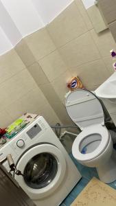 a bathroom with a washing machine and a toilet at Arician full service in Ocna Şugatag +25 photos