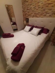 ベヘール・デ・ラ・フロンテーラにあるLoft de la Morenaの白い大型ベッド(赤い枕付)が備わるベッドルームです。