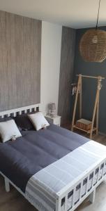 a bedroom with a large bed with a blue blanket at Le cosy de sarah in Bordeaux-Saint-Clair