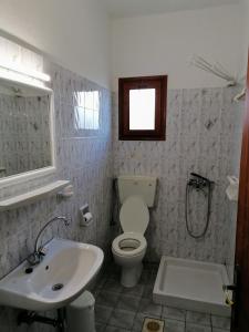 La salle de bains est pourvue d'un lavabo, de toilettes et d'une douche. dans l'établissement Lefteris Rooms, à Kokkari