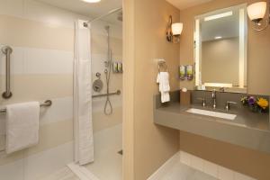 uma casa de banho com um lavatório e um chuveiro em Staypineapple, Hotel Rose, Downtown Portland em Portland