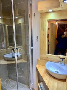 y baño con ducha acristalada y lavamanos. en La Maison De Marie, en Le Monêtier-les-Bains