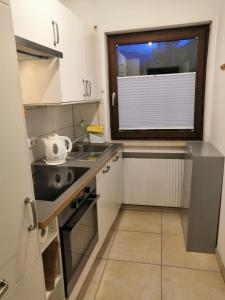 eine kleine Küche mit einem Waschbecken und einem Fenster in der Unterkunft Gästehaus Kayetan in Klais