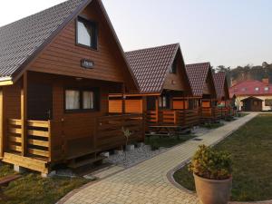 eine Reihe von Cottages aus Holz in Folge in der Unterkunft Domki Letniskowe "Przy Parku" in Wisełka