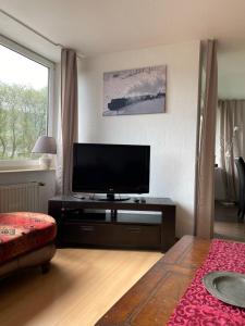 a living room with a flat screen tv on a table at Pistenblick in Willingen