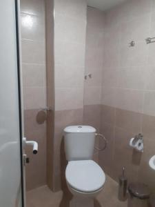 La salle de bains est pourvue de toilettes blanches et d'un lavabo. dans l'établissement Семеен Хотел Хайдутите, à Sandanski