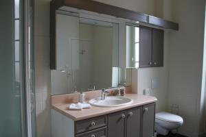 a bathroom with a sink and a mirror and a toilet at La Maison DUFFOUR chambres d'hôtes avec Petit Déjeuner in Tonneins
