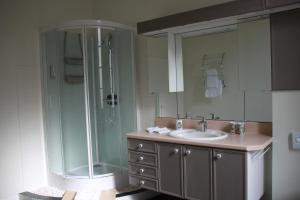 W łazience znajduje się szklana kabina prysznicowa i umywalka. w obiekcie La Maison DUFFOUR chambres d'hôtes avec Petit Déjeuner w mieście Tonneins