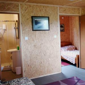 um quarto com uma cama e uma casa de banho em Eurostruś - zoo, domki em Borzychy