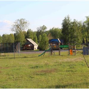 um parque com um parque infantil com uma casa e um escorrega em Eurostruś - zoo, domki em Borzychy