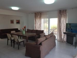 a living room with a couch and a table and a television at MAREMARI VILLA in Ayía Marína