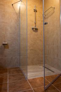 a shower with a glass door in a bathroom at Elmak Domki Całoroczne in Mikoszewo