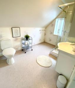 La salle de bains est pourvue de toilettes et d'un lavabo. dans l'établissement Fjord View Apartment, à Stranda