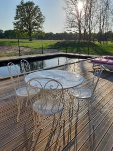 una mesa y sillas en una terraza con piscina en Gîte de La Ronce en Dhuizon