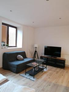 a living room with a couch and a flat screen tv at Apartment Dubnica Prejta in Dubnica nad Váhom