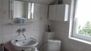 łazienka z umywalką, toaletą i oknem w obiekcie Království klidu w mieście Prachatice
