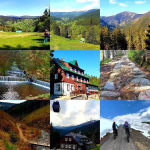 un collage de fotos de casas y de una persona en bicicleta en Hotel Děvín en Pec pod Sněžkou