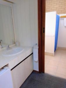uma casa de banho com um lavatório e um frigorífico em Country Home Motor Inn em Shepparton