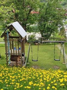 a playground with a swing in a field of flowers at Chalet Wärgistal in Grindelwald