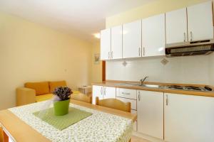a kitchen with white cabinets and a table with a plant on it at Biserka apartments near the beach and center in Mali Lošinj