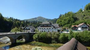 a bridge over a river in a town with houses at Ferienhaus an der Ybbs in Opponitz