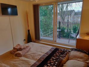 a bedroom with a bed and a large window at Waterfront Apartment In The Heart Of St Neots in Saint Neots