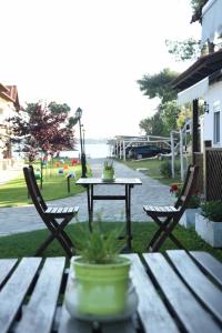 a picnic table with two chairs and a table with a plant on it at Haus Platanos Apartments & Bungalows by the Sea in Vourvourou