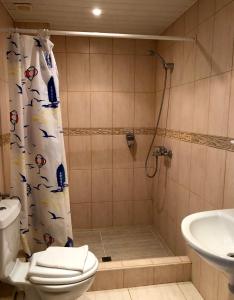e bagno con doccia, servizi igienici e lavandino. di Hotel Jambo a Golden Sands