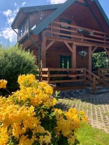 a log cabin with yellow flowers in front of it at Domek nad stawem in Sławutowo