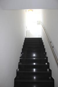 een trap in een gebouw met zwarte treden bij Köln und Natur in Erftstadt