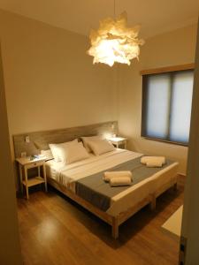 a bedroom with a large bed and a chandelier at Villa Anastasia in Kalamaki