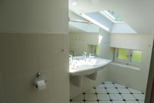 een badkamer met een wastafel en een dakraam bij Jasmundhus in Neddesitz