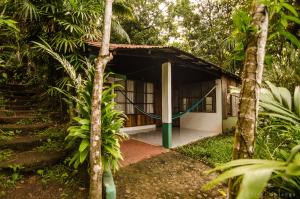 a house with a hammock in front of it at Los Amigos Ecoturismo y Reserva Natural in Catemaco