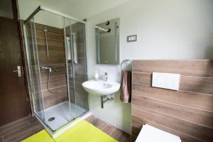 y baño con ducha acristalada y lavamanos. en Apartments and rooms Nataša 2, en Trenta