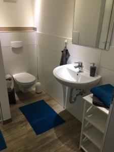 a bathroom with a sink and a toilet and a mirror at Ferienwohnung Zur Auszeit Kontorhaus Malchow in Malchow