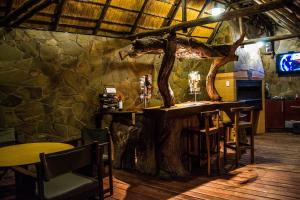 a bar in a restaurant with a dinosaur head on the wall at APS Guesthouse in Windhoek
