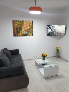 a living room with a couch and a coffee table at Topaz Central Apartment in Bacău