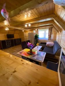 a living room with a couch and a table at Komfortowe Domki Dar in Sianozety