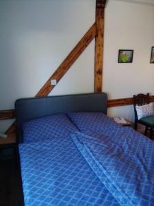 ein Bett mit blauer Decke in einem Schlafzimmer in der Unterkunft Ferienappartement Studio " Michel" Otzenhausen in Nonnweiler