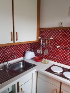 a kitchen with a sink and red tiles on the wall at Ferienwohnung Abendsünn in Nordstrand +8 photos